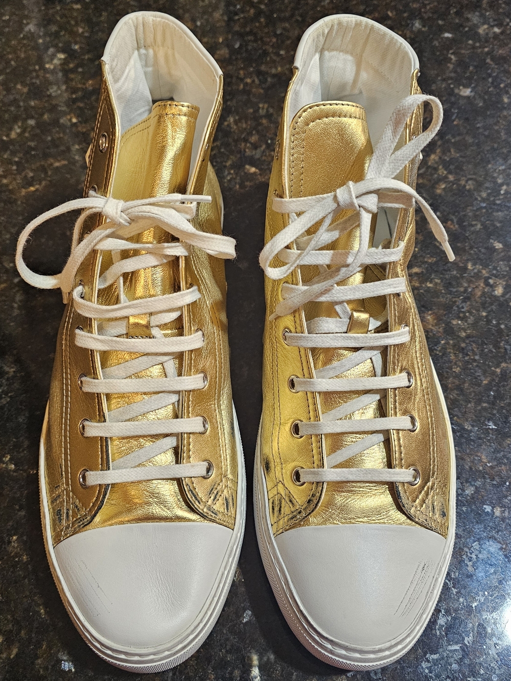 Saint Laurent Gold Metallic High-Top Sneakers with White Toe